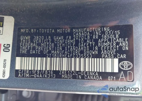 2015 Toyota Corolla Le from USA, damaged, VIN 2T1BURHE4FC335553